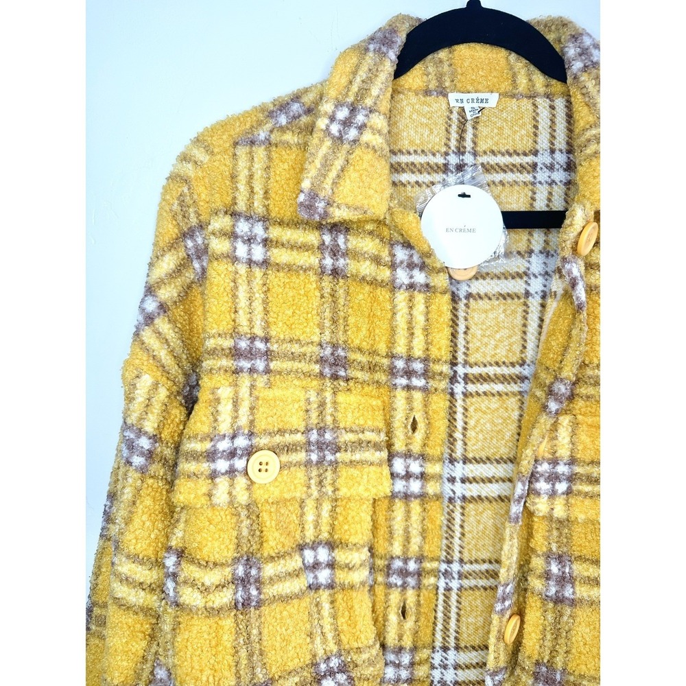 En Crème Women's Small Sherpa Shacket Jacket Plaid Oversized Mustard Streetwear - Picture 5 of 11